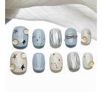 Sun&Beam Nails Unghie finte fatte a mano, forma di squovale, rotonde, da incollare, in blu e bianco, in polic-gel 3D, con cuscinetti adesivi, 10 pezzi (#175 S)