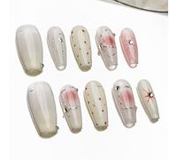 Sun&Beam Nails Unghie finte fatte a mano, medie e lunghe, a forma di bara, ballerina, da incollare, in bianco, argento, rosa, minimalista, design Ombre 3D, con cuscinetti adesivi, 10 pezzi (#180 M)
