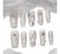 Sun&Beam Nails Unghie finte fatte a mano, medie e lunghe, a forma di bara, ballerina, da incollare, in bianco, argento, viola, rosa, Natale, design 3D, con cuscinetti adesivi, 10 pezzi (#197 S)