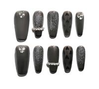 Sun&Beam Nails Unghie finte fatte a mano, medie e lunghe, a forma di bara, ballerina, da incollare, in nero, argento, perle 3D, design con cuscinetti adesivi, 10 pezzi (#170 S)