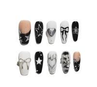 Sun&Beam Nails Unghie finte fatte a mano, medie e lunghe, a forma di bara, ballerina, da incollare, in nero, marrone, argento, design 3D, boho Y2K, con cuscinetti adesivi, 10 pezzi (#178 M)