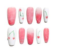 Sun&Beam Nails Unghie finte fatte a mano, medie e lunghe, a forma di bara, ballerina, da incollare, in rosa, bianco, ciliegia, dipinta a mano, con cuscinetti adesivi, 10 pezzi (#171 S)