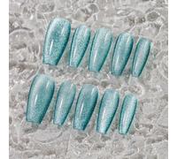 Sun&Beam Nails Unghie finte fatte a mano, medie e lunghe, a forma di bara, da incollare, in blu, magnetiche, design minimalista, con cuscinetti adesivi, 10 pezzi (#250 L)