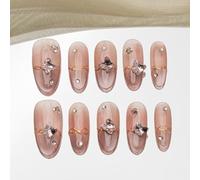 Sun&Beam Nails Unghie finte fatte a mano, medie e ovali, da incollare in strass rosa, design magnetico francese, con cuscinetti adesivi, 10 pezzi (#211 L)