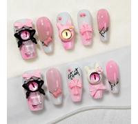 Sun&Beam Nails Unghie finte fatte a mano, medie lunghe a forma di bara, ballerina, da incollare in rosa, Y2K, design estivo 3D, con cuscinetti adesivi, 10 pezzi (#271 XS)