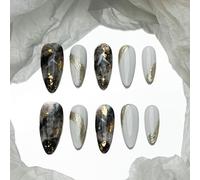 Sun&Beam Nails Unghie finte fatte a mano, medie lunghe a mandorla, da incollare, in bianco, nero, oro, sfumatura, disegno dipinto a mano, con cuscinetti adesivi, 10 pezzi (#209 M)