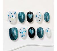 Sun&Beam Nails Unghie finte fatte a mano, medie lunghe a mandorla, da incollare, in blu, con cuori magnetici, dipinte a mano, 10 pezzi (#276 S)