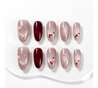 Sun&Beam Nails Unghie finte press-on fatte a mano, colore mandorla, nudo e bordeaux, con perle a forma di cuore, linea dorata, finemente luccicanti, 10 pezzi (#317 XS)