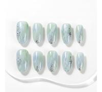 Sun&Beam Nails Unghie finte press-on fatte a mano, corte e rotonde, colore verde menta, marmo, argento, glitter, fiori, 10 pezzi (#323 M)