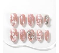 Sun&Beam Nails Unghie finte press-on fatte a mano, corte e rotonde, con fiori di ciliegio, perle e farfalla, finemente luccicanti, 10 pezzi (#322 S)