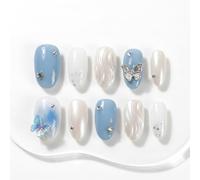 Sun&Beam Nails Unghie press-on fatte a mano, corte e rotonde, colore azzurro (#320 M)