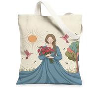 Sun Canvas Tote Bag per le donne, Primavera Fantasioso Fiori Uccelli Primavera Blu Lavabile Riutilizzabile Estetica Tote Bag Idee per Fuori, Blu, 13x15 Inch