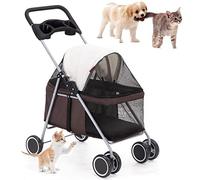 SUN RDPP Passeggino per animali domestici, 4 ruote pieghevole con portabicchieri, carrello da viaggio pieghevole, gabbia portatile per cani e gatti di piccola taglia e media, marrone