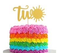 Sun Two Birthday Cake Topper - Topper per torta con glitter oro su un solo lato per 2° compleanno, decorazione per feste di anniversario, 2 decorazioni per torte Smash Takes Topper