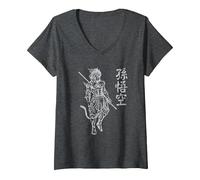 Sun Wukong Monkey King Caratteri Cinesi Lettere Maglietta con Collo a V, Donna, Grigio Scuro, XXL