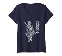 Sun Wukong Monkey King Caratteri Cinesi Lettere Maglietta con Collo a V, Donna, Navy, L