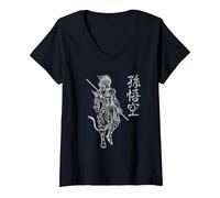 Sun Wukong Monkey King Caratteri Cinesi Lettere Maglietta con Collo a V, Donna, Nero, S