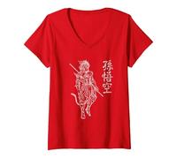 Sun Wukong Monkey King Caratteri Cinesi Lettere Maglietta con Collo a V, Donna, Rosso, S