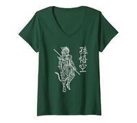 Sun Wukong Monkey King Caratteri Cinesi Lettere Maglietta con Collo a V, Donna, Verde Foresta, XXL