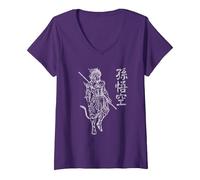 Sun Wukong Monkey King Caratteri Cinesi Lettere Maglietta con Collo a V, Donna, Viola, S