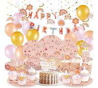 SUNBEAUTY 116 pezzi di stoviglie per feste arcobaleno Boho, inclusi bicchieri di carta, tovaglioli, cannucce, piatti di carta, vortici, cake topper, striscioni, palloncini per di Palloncini