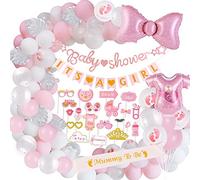 SUNBEAUTY Baby Shower Decoration Girls,Baby Shower Deco Girls, Pink Deco Baby Shower Balloons, Mum to be Sash, Baby Girl Banner, Newborn Photo Props Masks, Premium Reusable