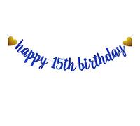 SUNbetterland - Striscione per 15° compleanno, pre-infilato, con glitter, per feste di compleanno per ragazzi e bambini, con scritta "Happy 15th Birthday"