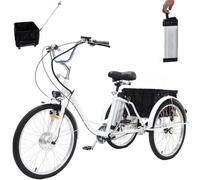 SUNBGRPYE Triciclo Elettrico per Adulti da 24", Bicicletta A 3 Ruote, Batteria al Litio Rimovibile da 36V 12Ah (Autonomia: 35-40 Km), capacità di Carico 150 kg, con Cestino + Faro + Clacson,White-Box