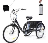 SUNBGRPYE Triciclo Elettrico per Adulti da 24", Bicicletta A 3 Ruote, Batteria al Litio Rimovibile da 36V 12Ah (Autonomia: 35-40 Km), capacità di Carico 150 kg, con Cestino + Faro + Clacson,Black-Box