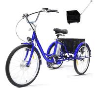SUNBGRPYE Triciclo Elettrico per Adulti da 24", Bicicletta A 3 Ruote, Batteria al Litio Rimovibile da 36V 12Ah (Autonomia: 35-40 Km), capacità di Carico 150 kg, con Cestino + Faro + Clacson,Blue-Box