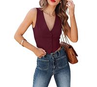 Sunborui - Gilet da donna senza maniche con bottoni, completamente foderato, scollo a V, giacca aderente, Vino rosso, Small