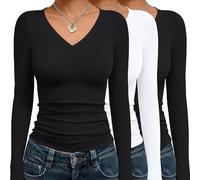 SUNBS Confezione da 3 camicie a maniche lunghe da donna abiti alla moda autunnali con scollo a V 2026 Basic Going Out Crop Top Y2K vestiti a compressione, Confezione da 3: nero, bianco e nero, XS