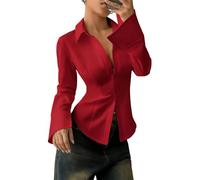 Suncadmious Camicia Casual da Donna alla Moda, Slim-Fit, a Maniche Lunghe con Bottoni-una Camicia Elegante e Sartoriale, Ideale per il Lavoro (Rosso,M)