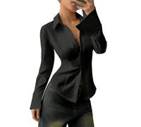 Suncadmious Camicia Casual da Donna alla Moda, Slim-Fit, a Maniche Lunghe con Bottoni-una Camicia Elegante e Sartoriale, Ideale per il Lavoro (Nero,XXL)