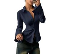 Suncadmious Camicia Casual da Donna alla Moda, Slim-Fit, a Maniche Lunghe con Bottoni-una Camicia Elegante e Sartoriale, Ideale per il Lavoro (Blu marino,XXL)