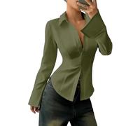 Suncadmious Camicia Casual da Donna alla Moda, Slim-Fit, a Maniche Lunghe con Bottoni-una Camicia Elegante e Sartoriale, Ideale per il Lavoro (Verde,M)