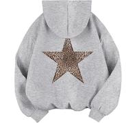 Suncadmious Primavera delle Donne Leopardo Stella Felpa con Cappuccio Casual Maniche Lunghe Pullover Top Stella Stampa Modello Felpa con Cappuccio Felpa con Cappuccio Stella (Grigio,M)