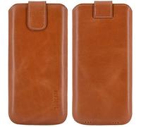 Suncase Custodia in vera pelle * Slim Edition * compatibile con Doro Aurora A30 (con funzione di ritiro e chiusura magnetica) in cognac