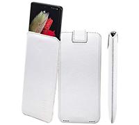 Suncase Custodia in vera pelle, sottile, compatibile con Doro Aurora A30 (con funzione di ritiro e chiusura magnetica), colore bianco pieno fiore
