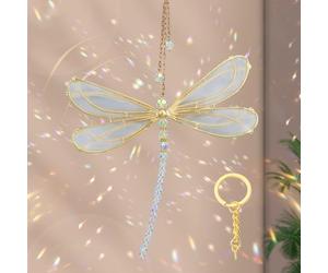 Suncatcher - Decorazione per finestra, con cristalli e cristalli arcobaleno, per appendere il sole, da giardino (libellula metallica), con 1 portachiavi