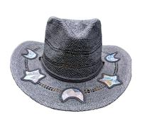 Suncatchers Cappello con motivi di diffrazione Riflettente Star Moon Cutouts su cappello da sole in paglia tessuto a mano per esterni, Nero intrecciato, XS-XXL