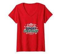 Sunday Strategist: Piano di Gioco Maschile di Fantasy Football Maglietta con Collo a V, Donna, Rosso, XXL