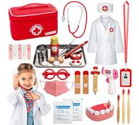 Sundaymot Valigetta Dottore Bambini, Set Legno medico e dentista 2 in 1, con vero stetoscopio, termometro, valigetta dentista, gioco di ruolo rosso per ragazze e ragazzi di 3, 4, 5 anni