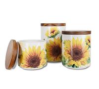 Sunddo Set di 3 barattoli in ceramica a forma di girasole per bancone della cucina, per tè, caffè e zucchero, con coperchio in bambù