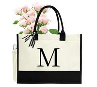 sundee Borsa tote in tela pratica borsa con lettere dell'alfabeto, personalizzata, elegante, per tutte le occasioni, adatta per donne, mogli, madri, per viaggi, vacanze, spiaggia, bianco