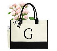 sundee Borsa tote in tela pratica borsa con lettere dell'alfabeto, personalizzata, elegante, per tutte le occasioni, adatta per donne, mogli, madri, per viaggi, vacanze, spiaggia, bianco
