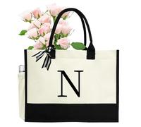 sundee Borsa tote in tela pratica borsa con lettere dell'alfabeto, personalizzata, elegante, per tutte le occasioni, adatta per donne, mogli, madri, per viaggi, vacanze, spiaggia, bianco