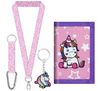 sundee Portafoglio colorato per bambini a tre pieghe per ragazzi e ragazze, con cordino da collo e portachiavi abbinato, regalo di compleanno ideale per bambini e bambini, ideale per scuola e gite