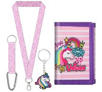 sundee Portafoglio colorato per bambini a tre pieghe per ragazzi e ragazze, con cordino da collo e portachiavi abbinato, regalo di compleanno ideale per bambini e bambini, ideale per scuola e gite