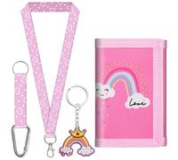 sundee Portafoglio colorato per bambini a tre pieghe per ragazzi e ragazze, con cordino da collo e portachiavi abbinato, regalo di compleanno ideale per bambini e bambini, ideale per scuola e gite